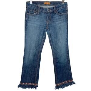 James Jeans | Dark Wash Dry Aged Denim Floral Fringe Hem Straight Leg Jeans 28